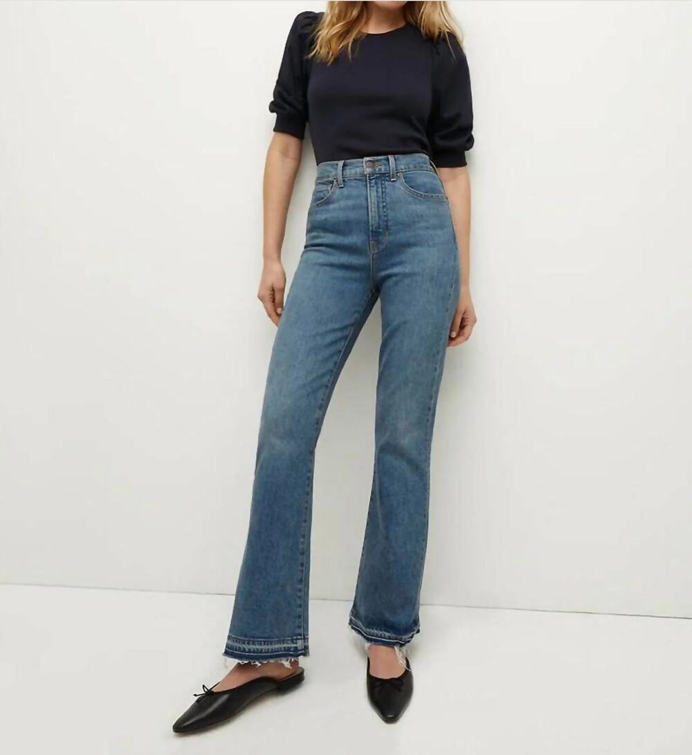 Veronica Beard Carson Ankle Flare Jeans US 26 Blue Denim Let Down Frayed Hem